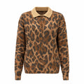 Women's Vintage Leopard Print Knit Cardigan with Lapel Collar – Light Brown