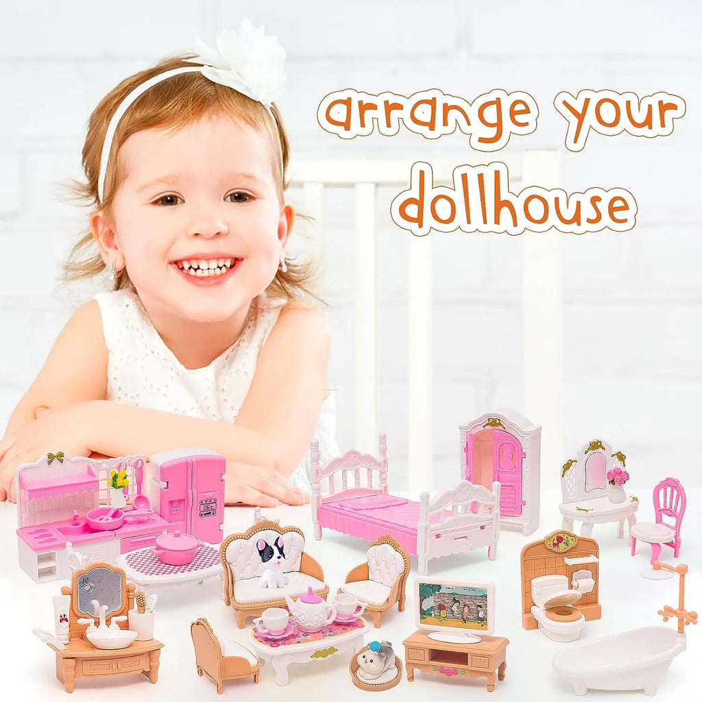 Miniature dollhouse furniture set displayed on a table with a young girl in the background.
