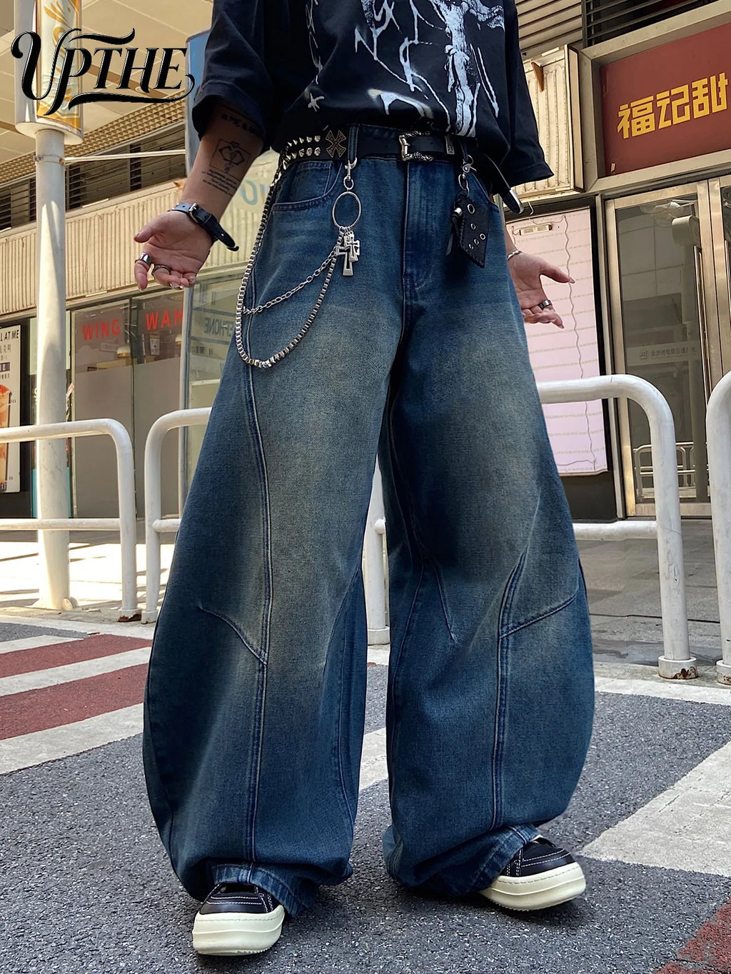 Men's vintage blue baggy wide-leg jeans with chain and cross pendant accessory