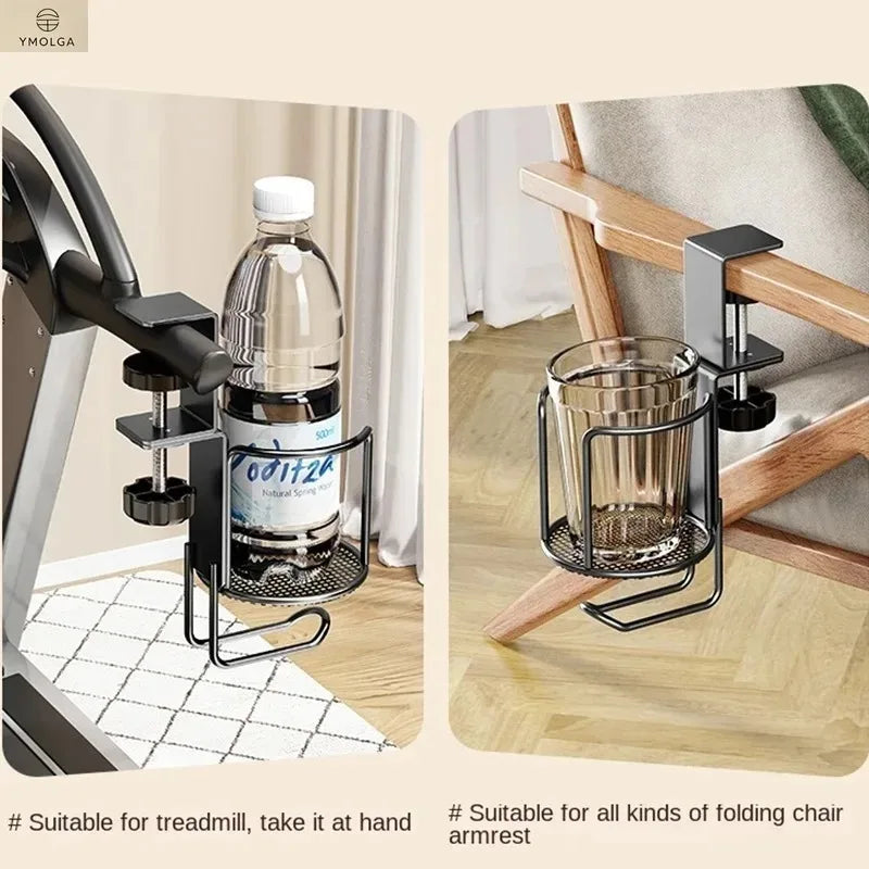 Clamp-on cup holder attached to a treadmill and a folding chair armrest