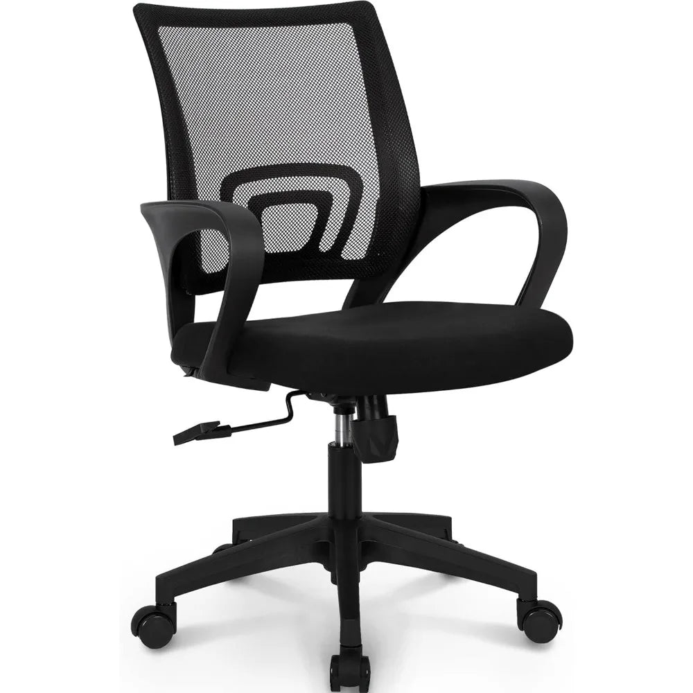 Black office chair with mesh back, armrests, and swivel base