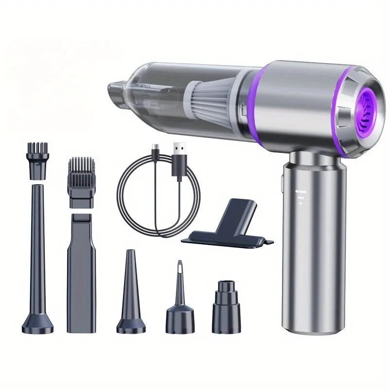 Portable handheld cordless vacuum cleaner with various attachments and charging cable in silver finish.