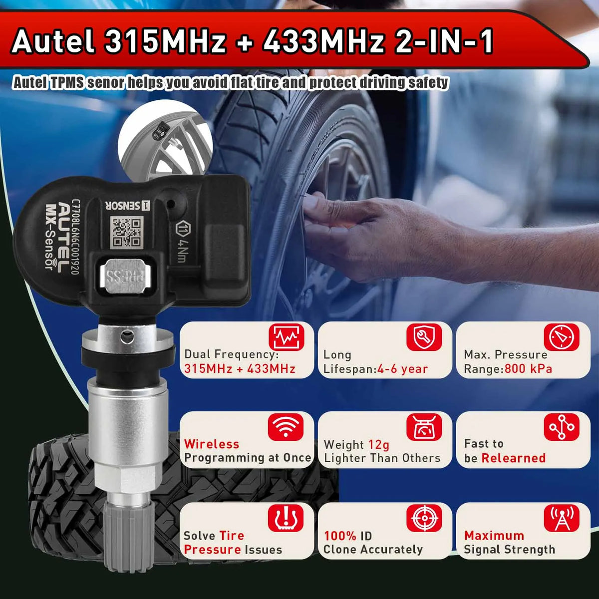 Tire pressure monitoring sensor with technical specifications