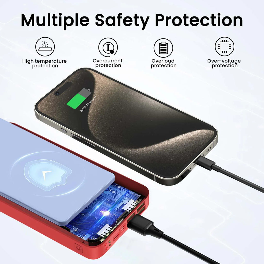 Portable power bank safety features including high temperature, overcurrent, overload, and over-voltage protection