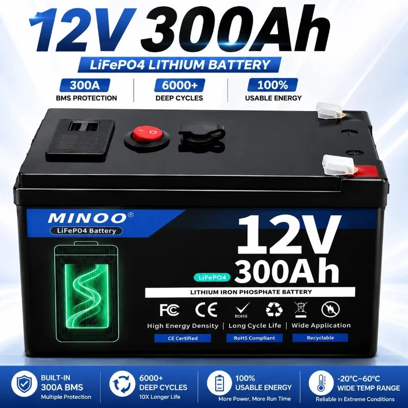 12V 300Ah LiFePO4 lithium battery with built-in BMS protection