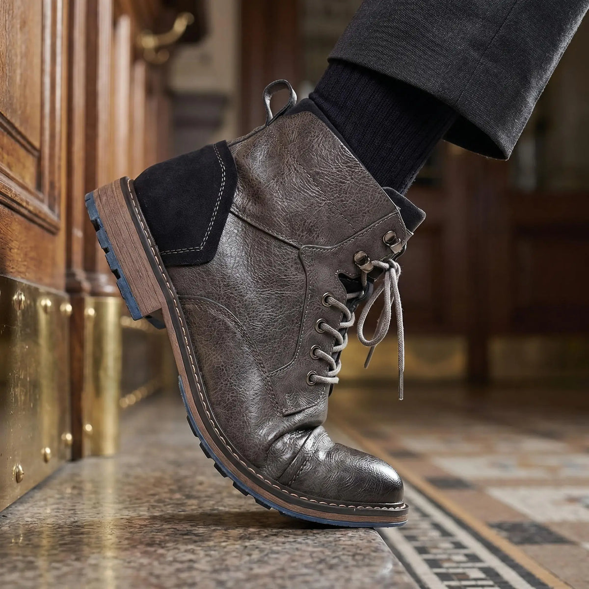 Men's grey leather lace-up ankle boot
