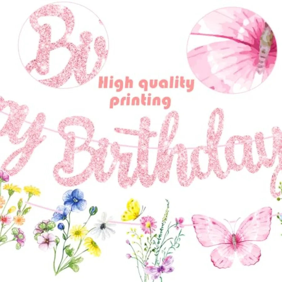 Happy Birthday banner with wildflower and butterfly accents, detail of printing quality