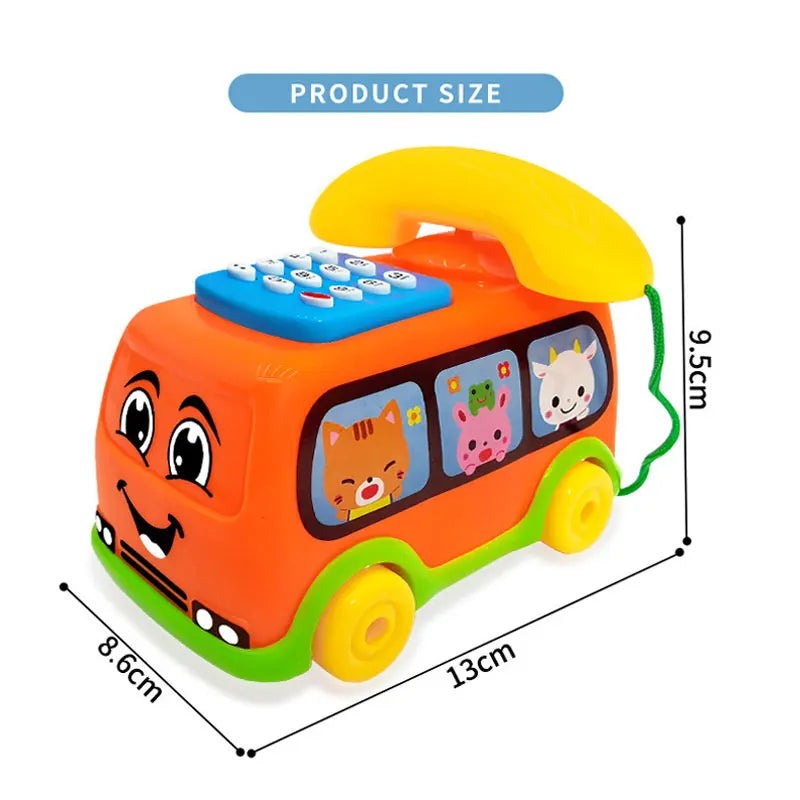 Orange toy telephone bus with dimensions shown for scale