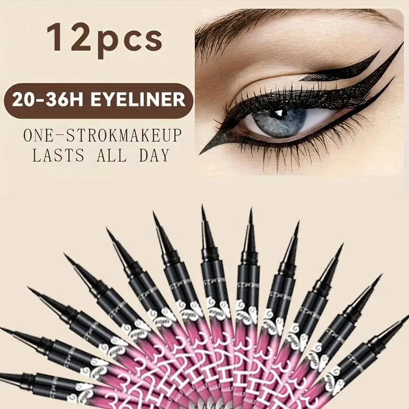 A collection of twelve black liquid eyeliner pens with an inset photo showing winged eye makeup and promotional text