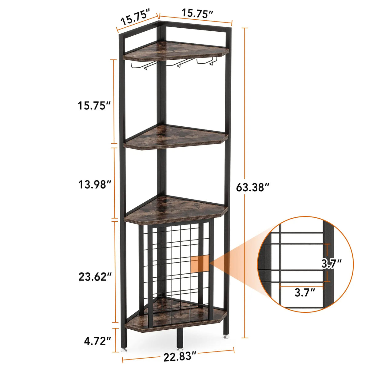 Technical dimension diagram of a 4-tier corner shelf with a wine rack base.