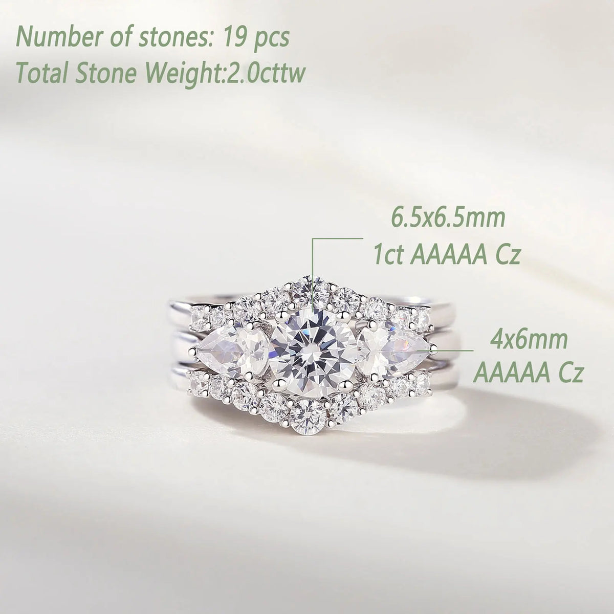 Sterling silver three-piece ring set with simulated diamond specifications