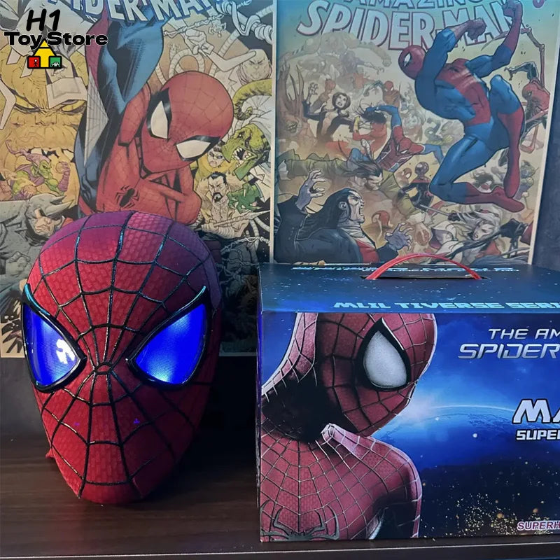 A superhero mask with bright glowing blue eyes displayed next to its original cardboard packaging.