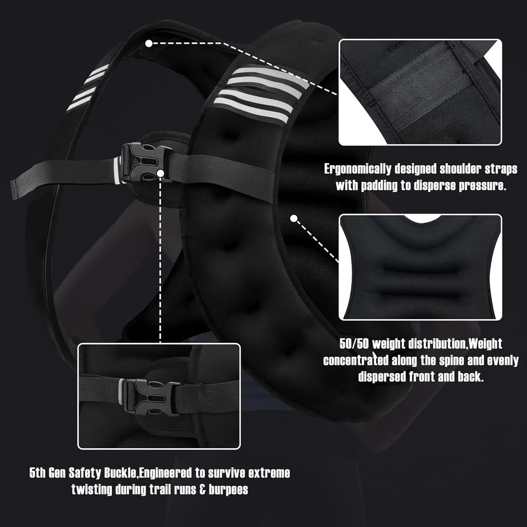 Detail views of weighted vest strap, weight distribution and safety buckle.