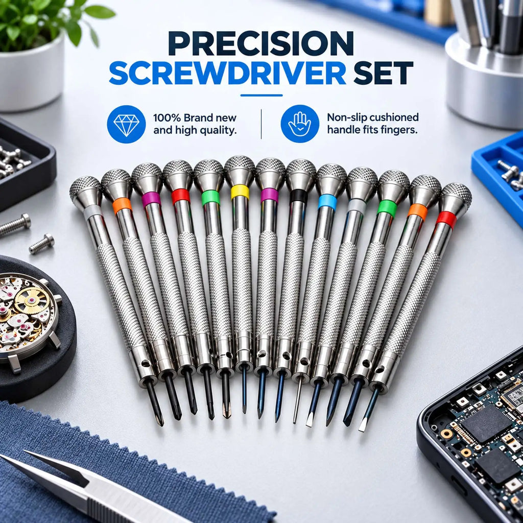 A precision screwdriver set with thirteen pieces displayed on a workbench with watch parts and electronics.
