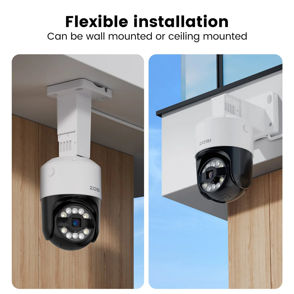 Outdoor security camera showing flexible wall or ceiling mount installation options