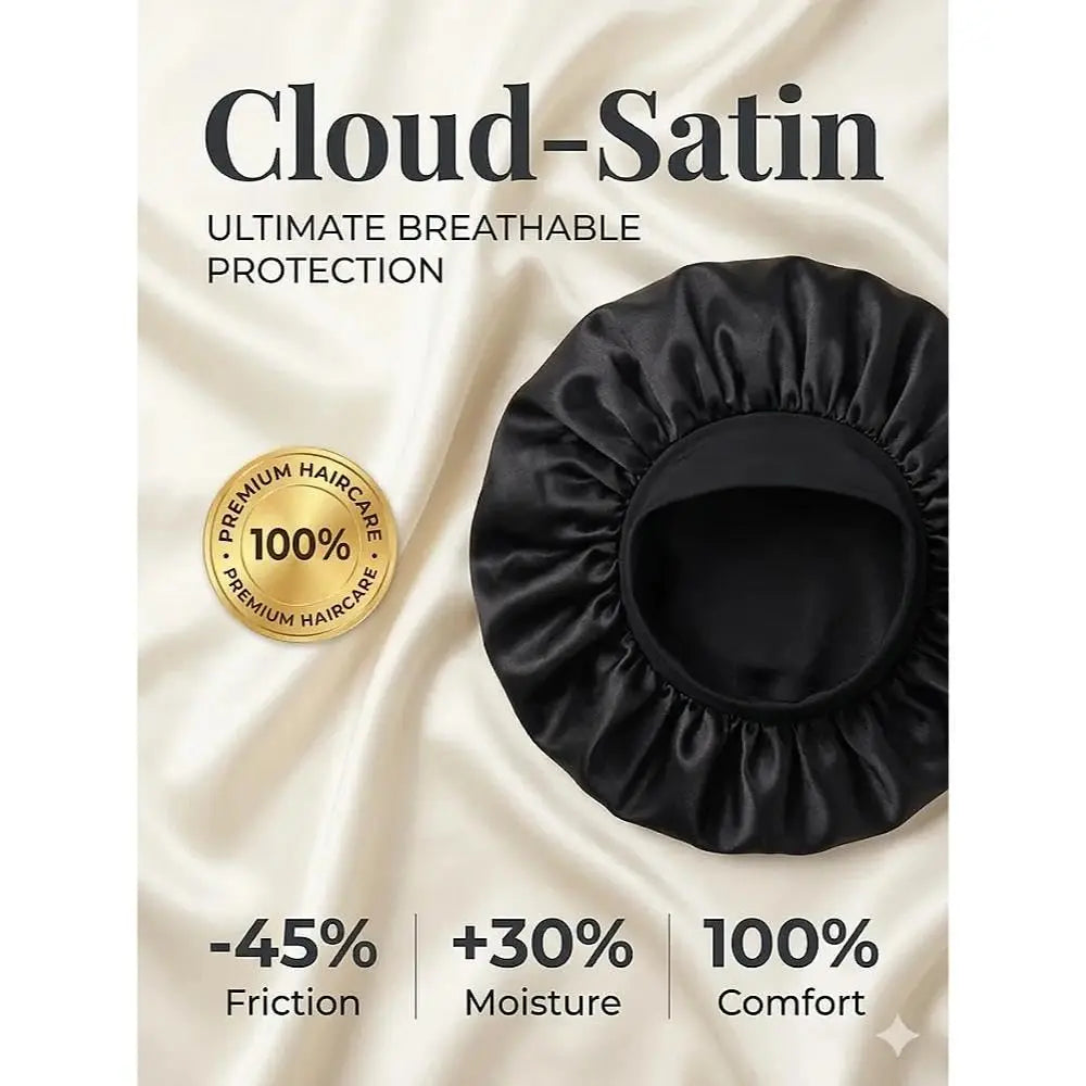 A black satin sleep bonnet on a fabric background with performance statistics.