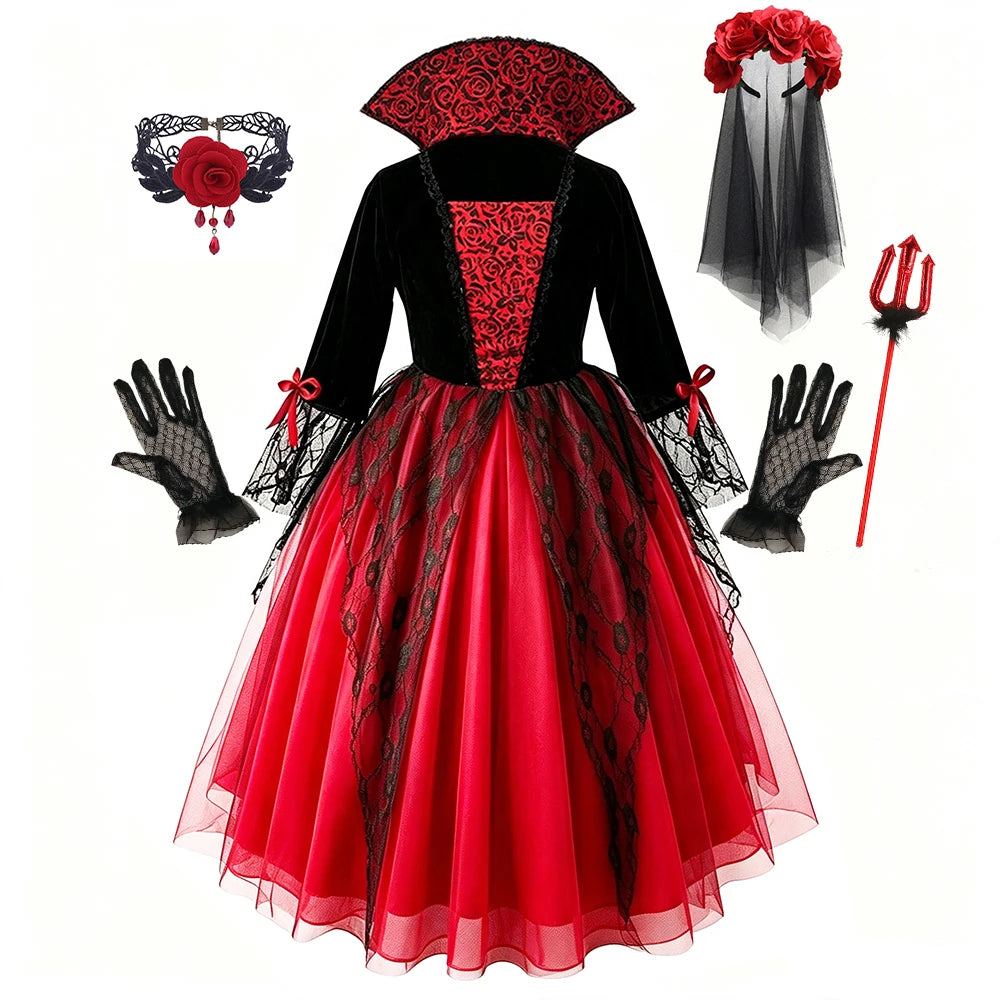 Girls Halloween Vampire Cosplay Dress Mid-Calf Costume – Girls vampire F