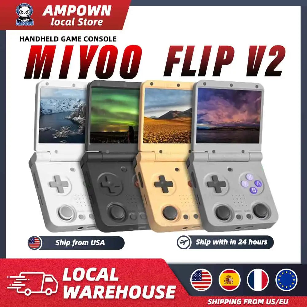 Four color variants of a clamshell retro handheld game console with screen art