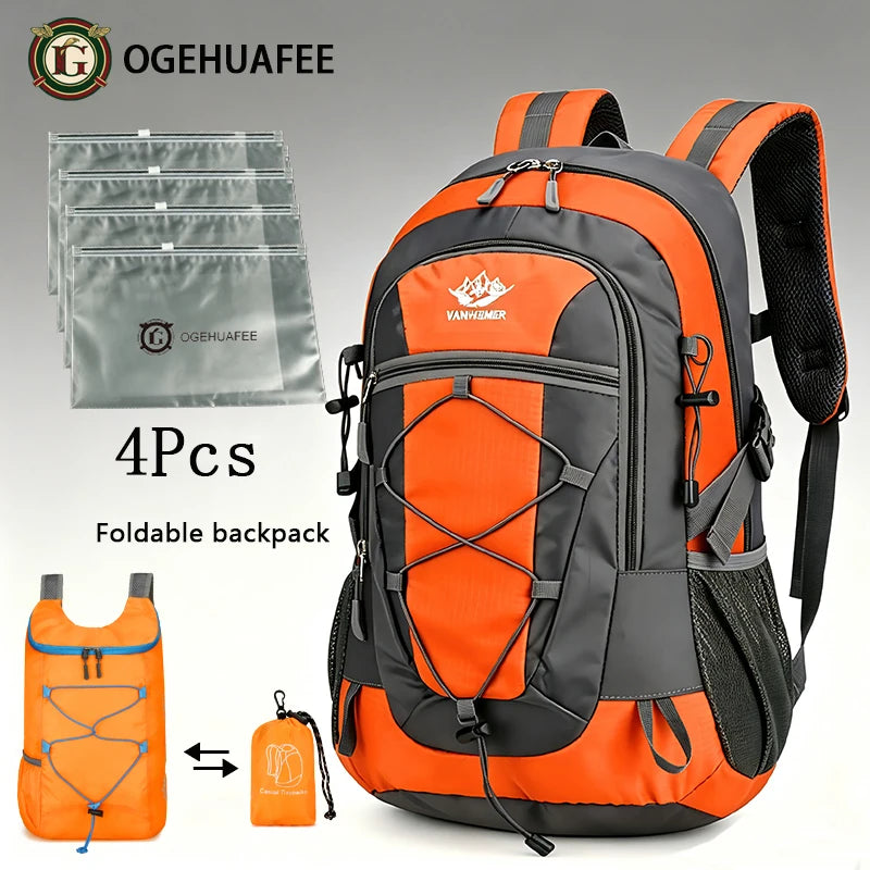 Ogehuafee Unisex Outdoor Hiking Backpack, 20-35 Litre Travel Storage Pack – Orange 6-Piece Set