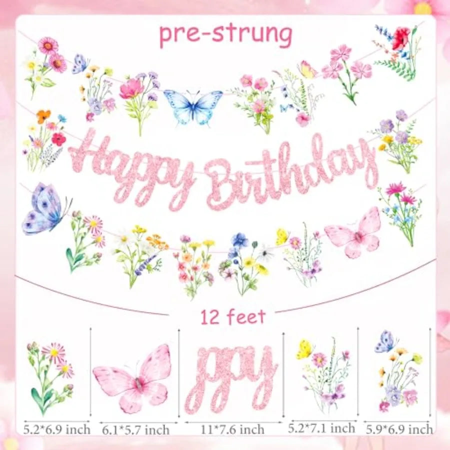 Birthday banner garland with size dimensions and butterflies and flowers