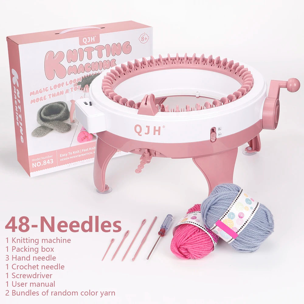 QJH 48-Needle Knitting Machine Kit for DIY Hats and Scarves – Pink