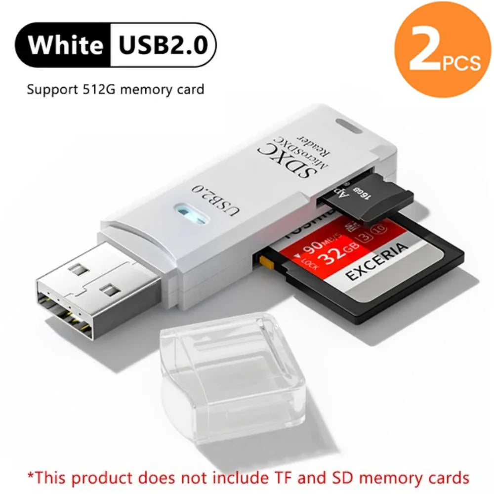 2-in-1 USB Memory Card Reader for SD and TF Cards – 2pcs White2.0
