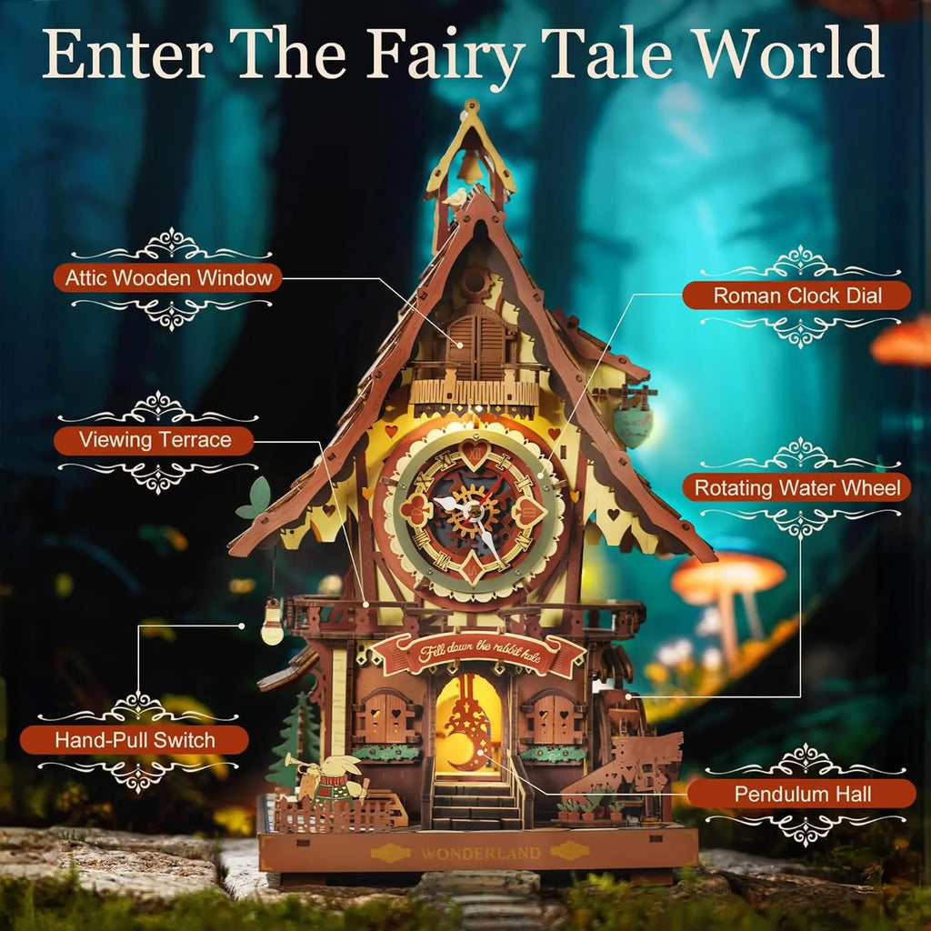 3D wooden cuckoo clock puzzle with labeled parts on a dark background