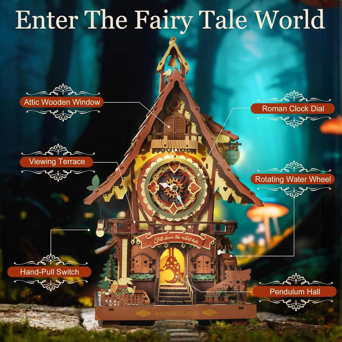 3D wooden cuckoo clock puzzle with labeled parts on a dark background