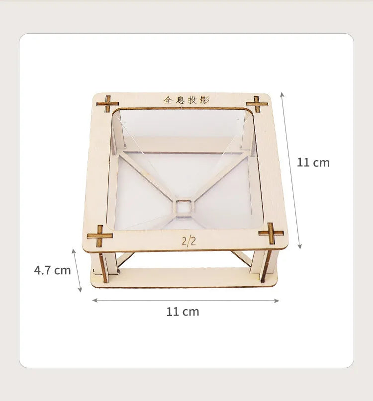 Square wooden DIY 3D holographic projection stand with measurement dimensions labeled