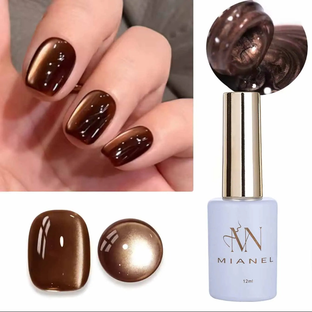 A bottle of brown cat eye gel nail polish next to a display of the product.