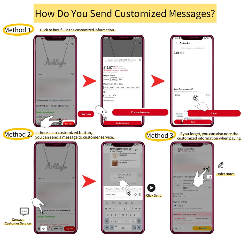Instructional infographic showing steps on how to order customized jewelry online.