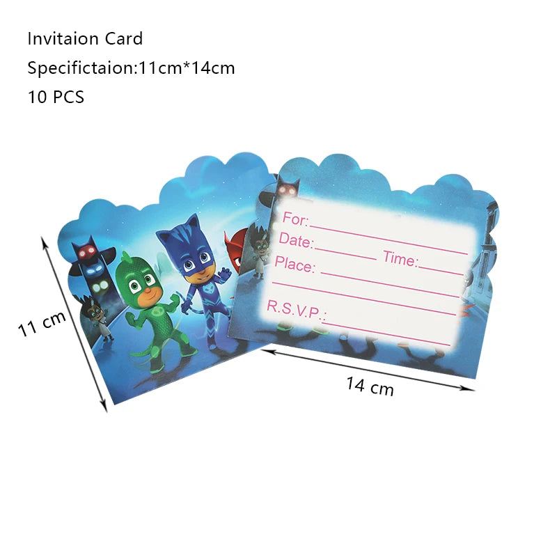 PJ Masks Birthday Party Decoration Balloon and Tableware Set – Invitation - 10pcs
