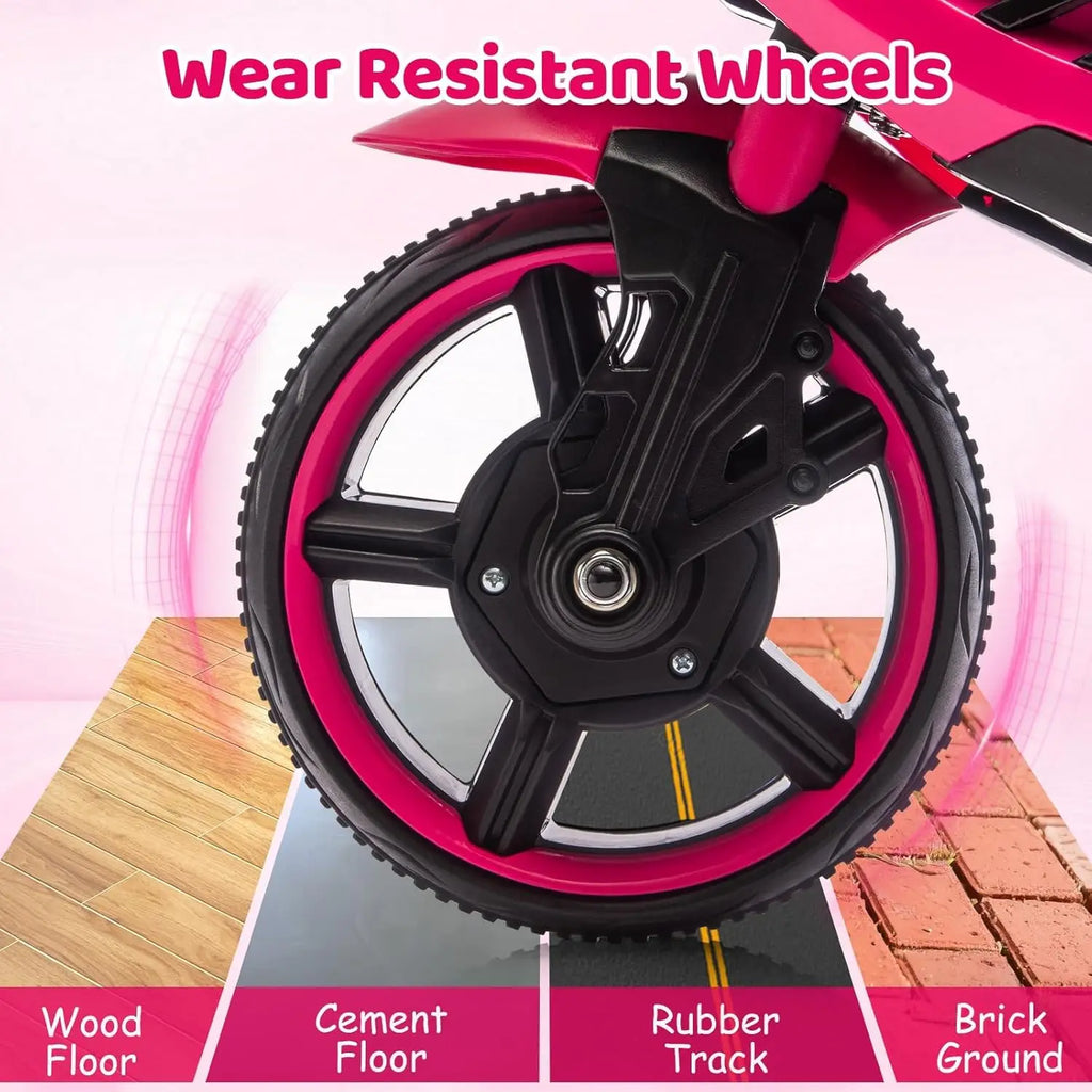 Close up of a wear-resistant motorcycle wheel showing suitability for wood, cement, rubber, and brick surfaces