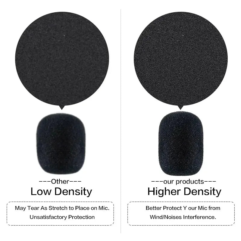 Comparison infographic showing high density vs low density foam microphone covers