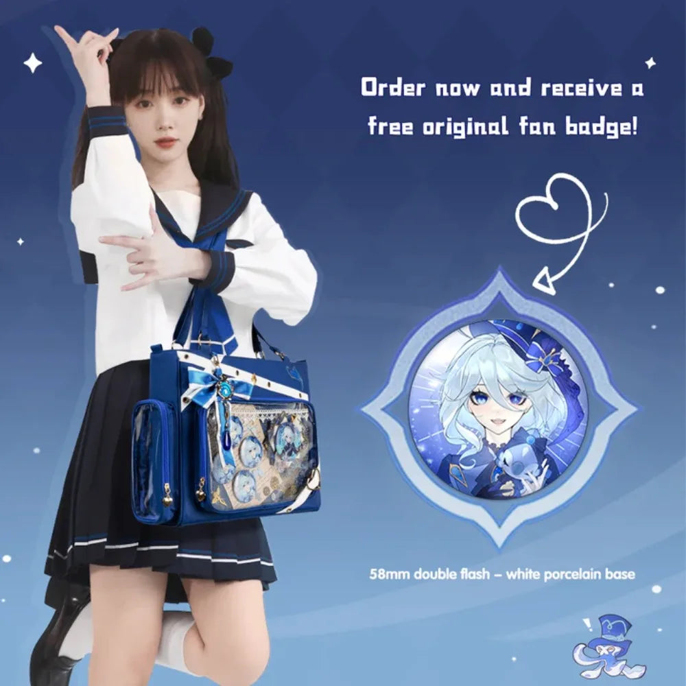 Person modeling a blue tote bag with a circular anime pin badge overlay