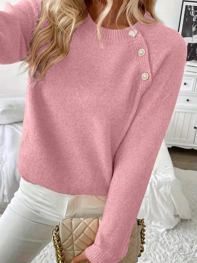 Women's Asymmetrical Gold Button Crew Neck Knit Sweater – Pink