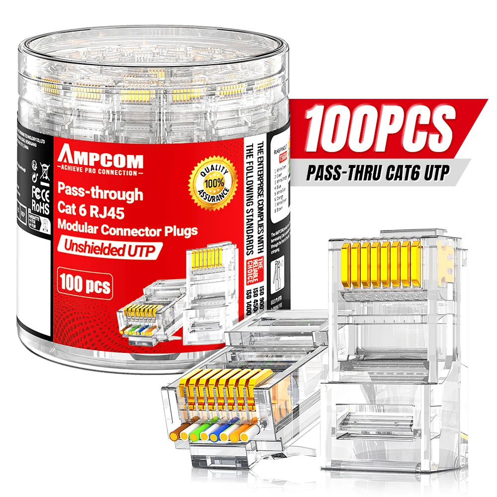 Ampcom CAT6 RJ45 Pass-Through Modular Plugs for Ethernet Cables – CAT6 UTP 100PCS