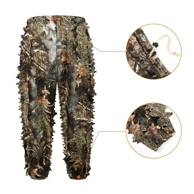 Camo ghillie suit trousers with zoomed-in details of waist and ankle cord
