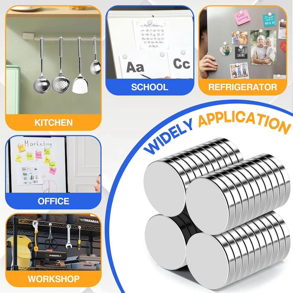 Collage showing various uses for small round magnets in kitchen, school, office, and workshop settings.