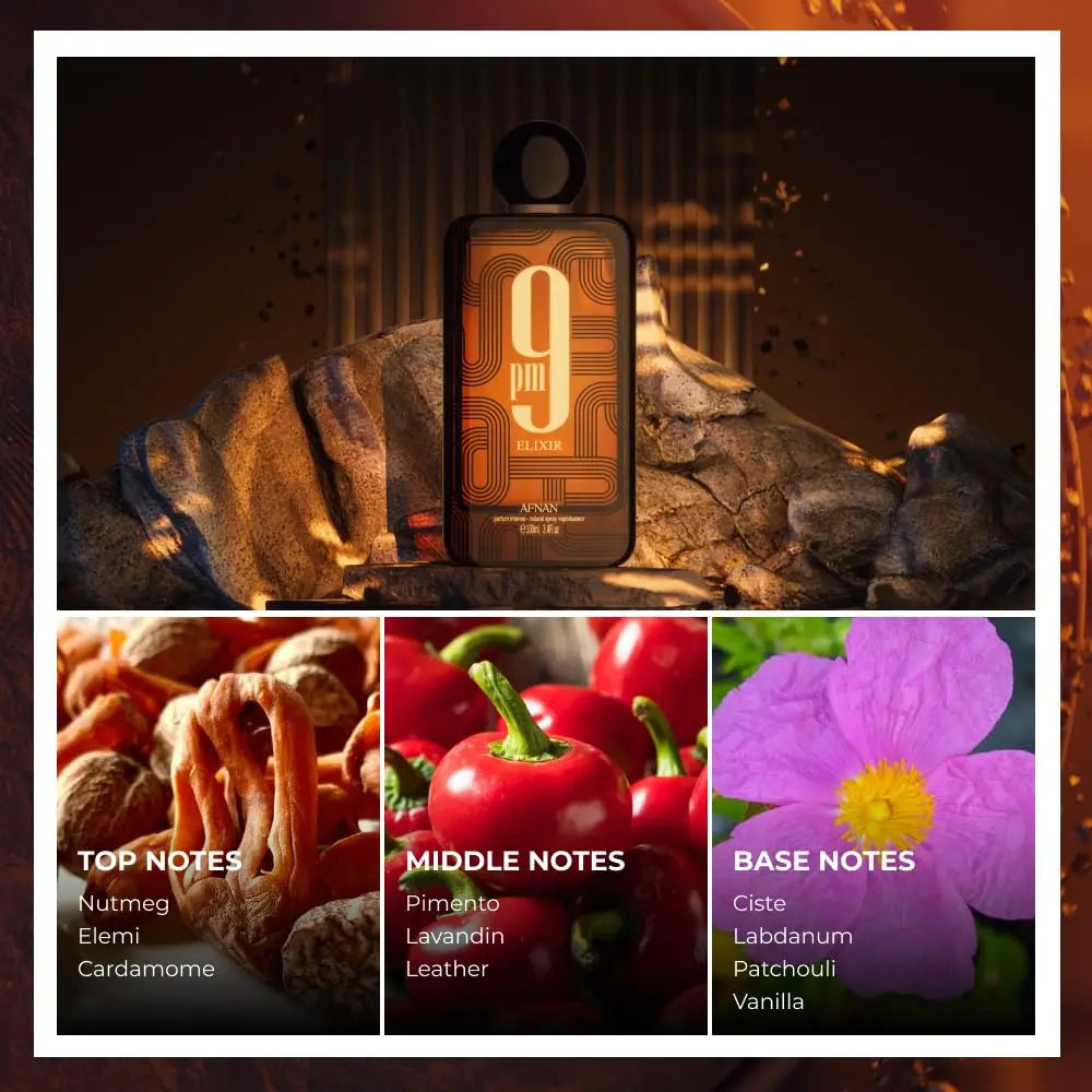 Fragrance bottle with ingredients listed as top, middle, and base notes