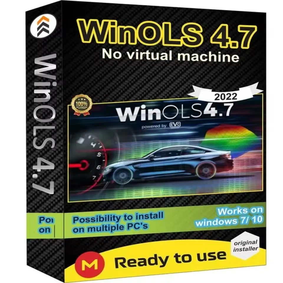Box design for automotive tuning software package showing performance data, system requirements and compatibility details
