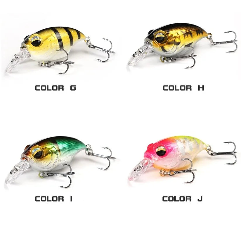 Four different colored fishing crankbait lures labeled with letters G, H, I, and J
