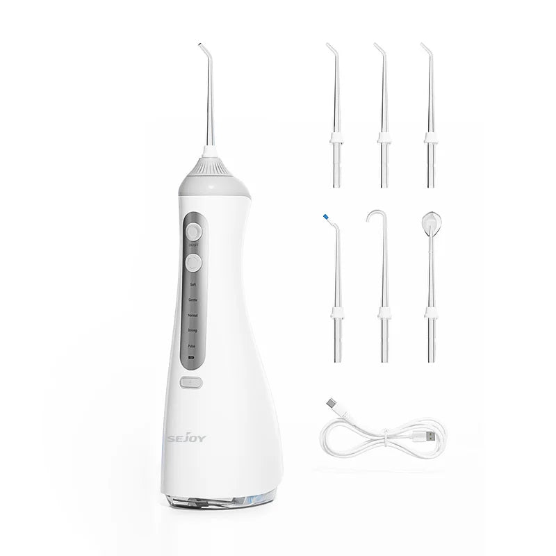 Sejoy Portable Electric Water Flosser, 350ml Tank, 5 Modes, 6 Tips – White
