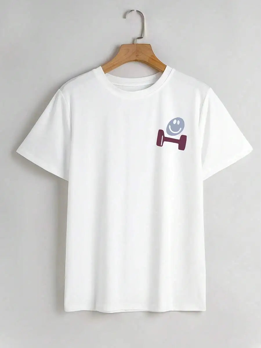 White crew neck t-shirt with a dumbbell smiley face graphic on the chest