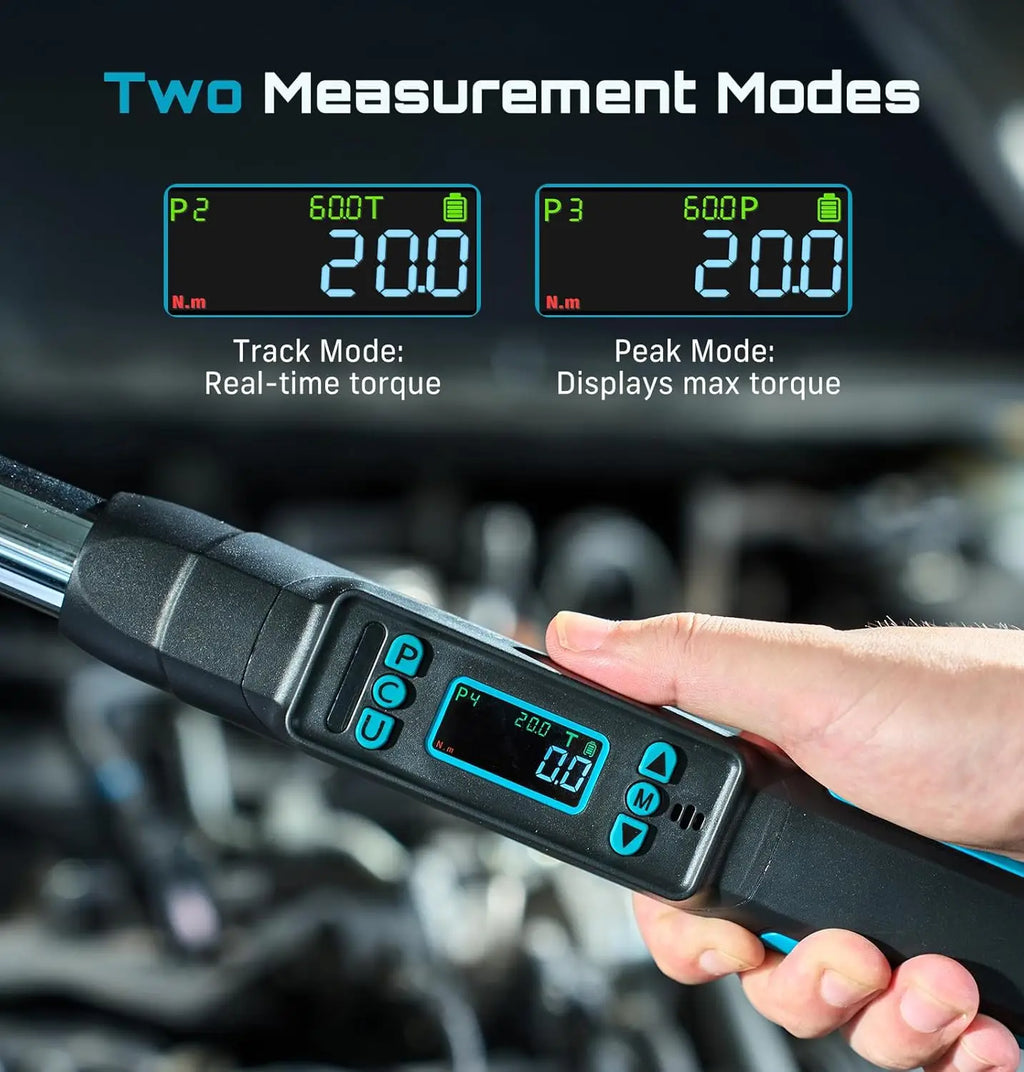 Digital torque wrench screen displaying two measurement modes, track mode and peak mode, for real-time and max torque