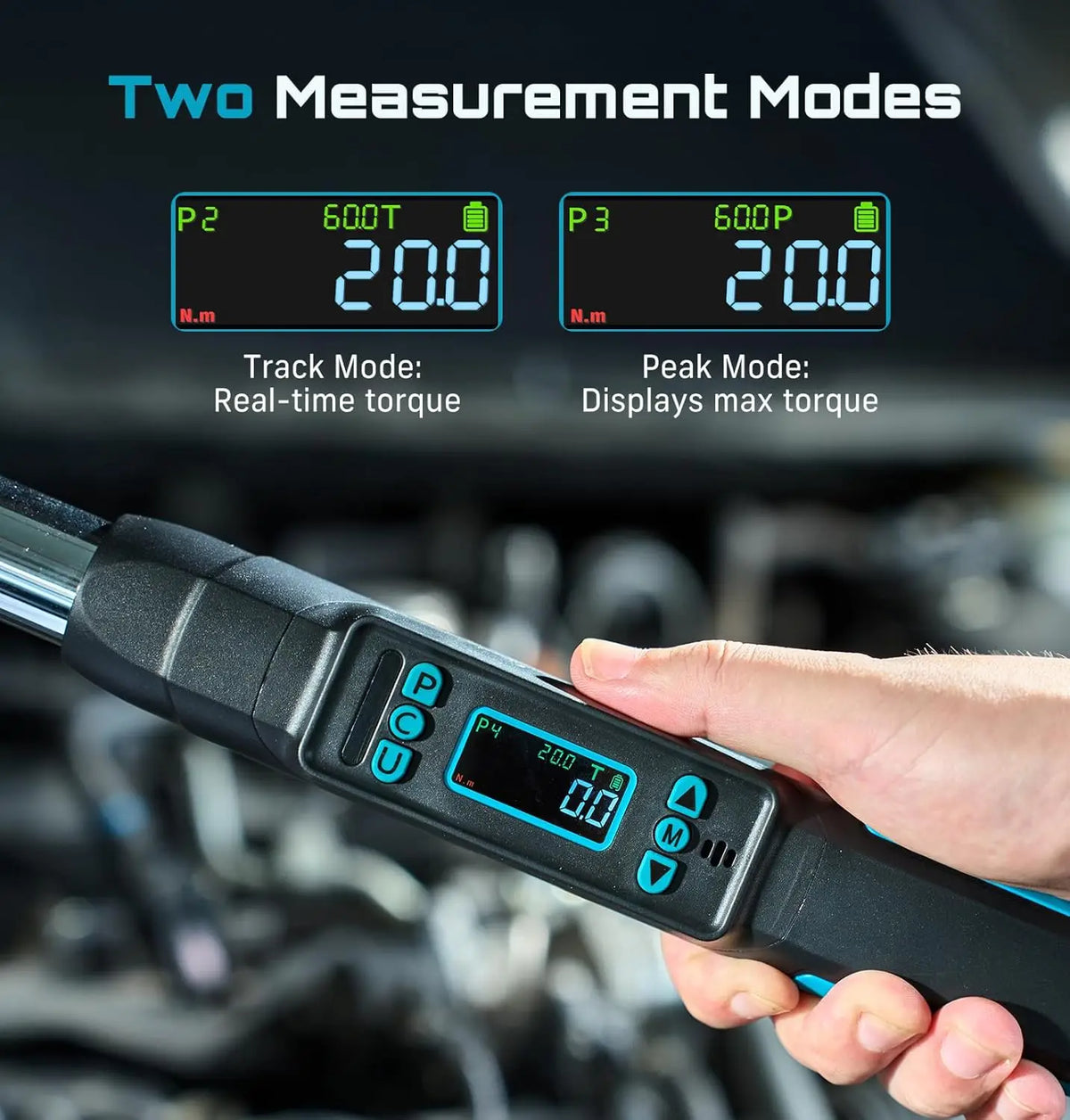 Digital torque wrench screen displaying two measurement modes, track mode and peak mode, for real-time and max torque