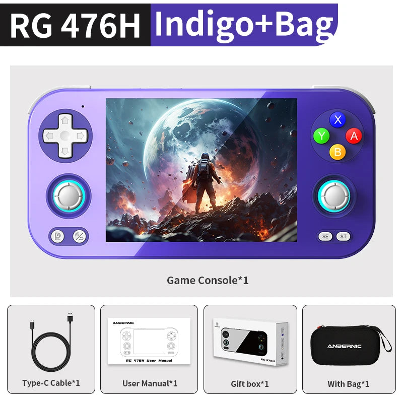 Anbernic RG 476H Android Handheld Game Console, 4.7" 120Hz Touch Display – Indigo with Bag
