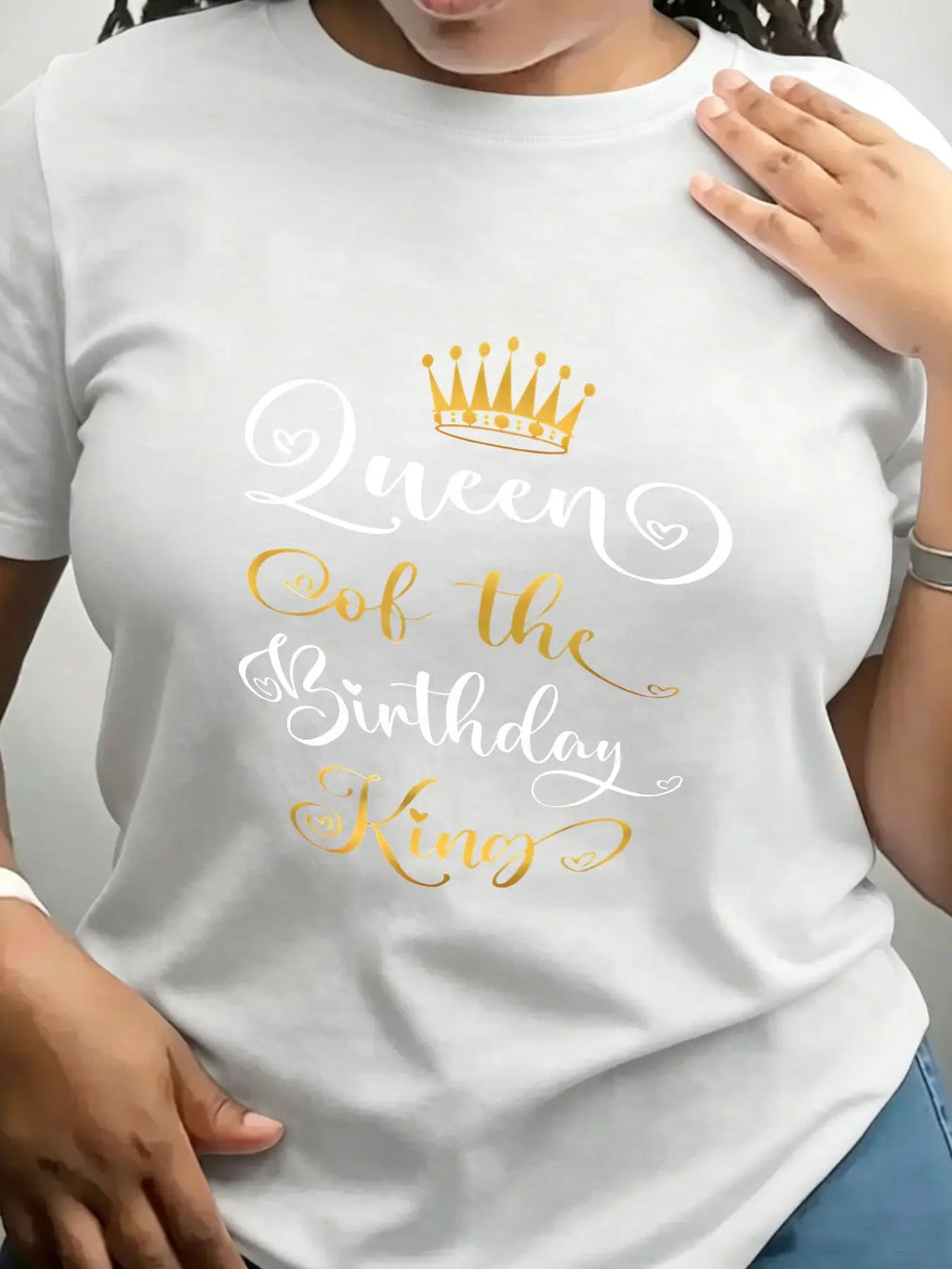 Light grey crew neck t-shirt for women with gold and white Queen of the Birthday King crown graphic.
