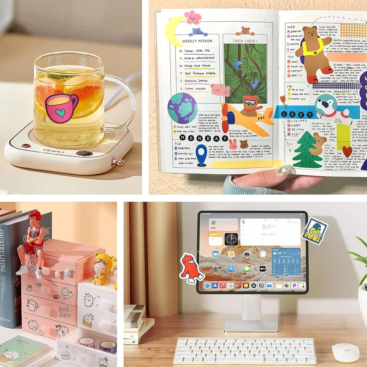 Usage examples of custom stickers on a mug, a journal, a drawer, and a computer screen
