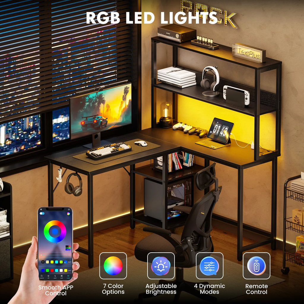 JHK 53 Inch L Shaped Gaming Desk with LED Light Reversible Computer Desk with Adjustable Shelf USB Power Outlet Corner Desk – view 3